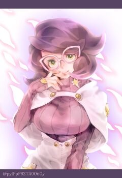 1girl arm_at_side artist_name big_hair breasts capelet glasses green_eyes hand_up high-waist_skirt large_breasts long_sleeves medium_skirt nintendo pencil_skirt pink-framed_eyewear pink_sweater poipoi_03 pokemon pokemon_sm purple_hair ribbed_sweater short_hair skirt smile solo sweater sweater_guard turtleneck turtleneck_sweater twitter_username upper_body white_capelet white_skirt wicke_(pokemon)