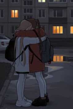 2girls absurdres apartment bag blonde_hair brown_hair building car closed_eyes coat high_braided_ponytail highres hug long_hair luimiart motor_vehicle multiple_girls night original outdoors pantyhose puddle red_coat school_bag shoes white_coat white_pantyhose window window_light