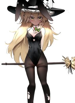 1girl absurdres alternate_costume animal_ears arms_behind_back black_hat black_pantyhose blonde_hair bow braid braided_sidelock breasts broom cleavage commentary covered_navel detached_collar english_commentary fake_animal_ears green_bow hair_bow hat highres holding holding_broom kirisame_marisa long_hair looking_at_viewer ougiikun pantyhose playboy_bunny rabbit_ears simple_background solo thighband_pantyhose torn_clothes torn_pantyhose touhou white_background witch_hat