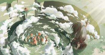 1girl absurdres artist_name black_hair black_serafuku black_shirt black_skirt cliff cloud commentary_request flock from_above high_up highres house katana looking_down medium_hair neckerchief original outdoors pleated_skirt scenery school_uniform serafuku shirt short_sleeves sitting skirt solo sunlight sword teardrops_(user_vgvd7733) village weapon whale