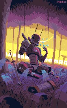animated animated_gif bug butterfly forest grass hand_up humanoid_robot insect kirokaze looping_animation nature no_humans original pixel_art planet plant planted planted_sword planted_weapon robot sitting sky sword weapon yellow_sky