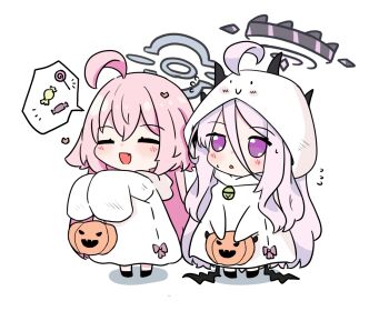 2girls ahoge bell blue_archive chibi chibi_only closed_eyes commentary demon_horns e_v_e_neko food ghost_costume grey_halo hair_between_eyes halloween halloween_costume halo highres hina_(blue_archive) horns hoshino_(blue_archive) long_hair multiple_girls open_mouth pink_hair purple_eyes purple_halo simple_background speech_bubble spoken_object symbol-only_commentary white_background