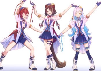 Rule 34 | 3girls, :d, absurdres, aji (eatfishfly), ange katrina, animal, animal ears, animal hair ornament, animal on shoulder, ankle boots, arm up, arms up, beret, bird, bird on shoulder, blue gloves, blue hair, blue hat, blue ribbon, blue shorts, blue skirt, blue thighhighs, blush, boots, braid, brown hair, brown tail, closed eyes, colored inner hair, commentary request, contrast lapels, crown hat ornament, dog ears, dog girl, dog tail, fangs, frilled skirt, frills, gloves, grin, group picture, hair intakes, hair ornament, hair ribbon, half gloves, hat, high heel boots, high heels, highres, idol clothes, inui toko, jacket, lapels, leg ribbon, legwear garter, lize helesta, long hair, low twin braids, medium hair, miniskirt, multicolored hair, multiple girls, multiple thigh straps, neck ribbon, nijisanji, open mouth, pleated skirt, puffy short sleeves, puffy sleeves, purple ribbon, red hair, red ribbon, ribbon, sanbaka (nijisanji), sanbaka anniversary outfit, sebastian piyodore, short sleeves, shorts, simple background, single hair intake, single wrist cuff, skirt, smile, standing, streaked hair, tail, thigh ribbon, thigh strap, thighhighs, twin braids, two-tone hair, very long hair, virtual youtuber, white background, white boots, white hair, white jacket, white wrist cuffs, wrist cuffs, wrist ribbon