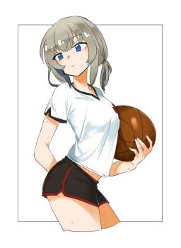 1girl aaru_(kerogero1582) alternate_hairstyle arm_behind_back ball basketball basketball_(object) black_shorts blue_eyes closed_mouth commentary contrapposto cropped_legs dolphin_shorts emblem female_focus from_side girls_und_panzer grey_background gym_shirt gym_shorts gym_uniform hair_tie hair_up head_tilt highres holding holding_ball itsumi_erika light_frown looking_at_viewer medium_hair navel nokogiriotoko outline outside_border ponytail print_shirt reference_work shirt short_ponytail short_shorts short_sleeves shorts silver_hair single_vertical_stripe solo standing sweat v-neck white_outline white_shirt