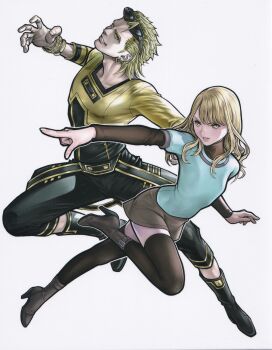 Rule 34 | 1boy, 1girl, absurdres, artist request, black-framed eyewear, black boots, black pants, black thighhighs, blonde hair, blue shirt, boots, bracelet, brown boots, brown eyes, brown skirt, earrings, eyelashes, eyewear on head, fingernails, full body, high heel boots, high heels, highres, jewelry, karina lyle, layered sleeves, lips, long hair, long sleeves, official art, outstretched arm, pants, pointing, ryan goldsmith, scan, shirt, short hair, short over long sleeves, short sleeves, simple background, skirt, smile, sunglasses, thighhighs, third-party source, tiger &amp; bunny, white background, yellow eyes, yellow shirt