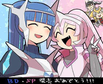 1boy 3girls androgynous arceus armor black_hair blue_hair chibi claws dialga fang gem gen_4_pokemon giratina grey_hair humanization kasugai_(de-tteiu) legendary_pokemon light_blush multiple_girls mythical_pokemon nintendo palkia personification pink_hair pokemon trap turtleneck v