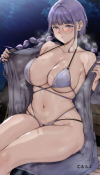 1girl alp bench bikini braid breasts cleavage coat glasses halterneck highres large_breasts long_hair looking_at_viewer miyoshi_(alp) multi-strapped_bikini_bottom multi-strapped_bikini_top navel night open_clothes open_coat open_mouth opened_by_self original outdoors park_bench purple_bikini purple_eyes purple_hair sitting solo swimsuit thighs twin_braids