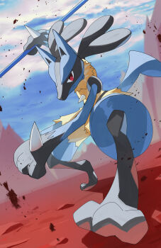 absurdres black_hair bone closed_mouth furry gen_4_pokemon highres holding lucario nintendo pokemon pokemon_(creature) red_eyes solo spikes tail zeroartwo