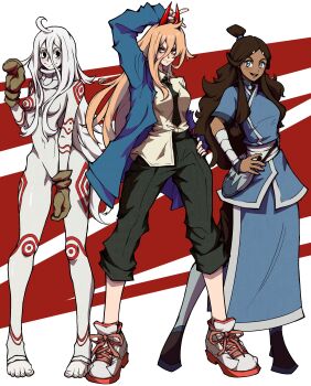3girls absurdres arm_up avatar:_the_last_airbender avatar_legends black_eyes black_necktie black_pants blonde_hair blue_eyes blue_jacket bodysuit brown_hair chainsaw_man closed_mouth commentary crosshair_pupils crossover dark-skinned_female dark_skin deadman_wonderland english_commentary gloves hand_on_own_hip highres horns jacket katara kekel long_hair multiple_crossover multiple_girls necktie open_mouth pants patterned_clothing power_(chainsaw_man) power_connection red_horns shiro_(deadman_wonderland) shirt shirt_partially_tucked_in shoes smile sneakers v white_bodysuit white_hair white_shirt yellow_eyes