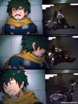 1girl 2boys bakugou_katsuki blonde_hair blue_bodysuit blurry blurry_background bodysuit boku_no_hero_academia bomb_devil_(chainsaw_man) chainsaw_man closed_mouth commentary crying english_commentary frown green_hair highres midoriya_izuku multiple_boys object_head opalis scarf shirt superhero_costume tears white_shirt yellow_scarf