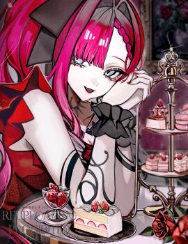 1girl :d baobhan_sith_(exhibition_attire)_(fate) baobhan_sith_(fate) baobhan_sith_(swimsuit_pretender)_(third_ascension)_(fate) bare_shoulders black_wrist_cuffs bow braid braided_bangs breasts cake cake_slice commentary_request crown diandao_qin dress elbows_on_table fate/grand_order fate_(series) food grey_eyes hair_bow highres jewelry large_breasts long_hair looking_at_viewer looking_to_the_side necklace open_mouth pink_hair plate red_dress side_ponytail sidelocks sideways_glance sitting smile solo table tiered_tray watermark wrist_cuffs