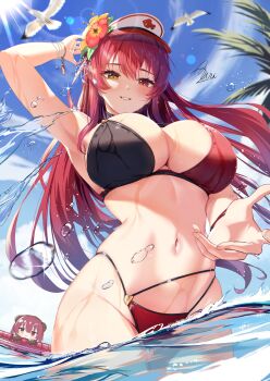 absurdres arm_up armpits bikini bird black_bikini blue_sky breasts cloud day from_below grin heterochromia highleg highleg_bikini highres hololive houshou_kumarine houshou_marine houshou_marine_(holonatsu_paradise) large_breasts lens_flare long_hair looking_at_viewer multi-strapped_bikini_bottom multicolored_bikini navel official_alternate_costume outdoors palm_leaf partially_underwater_shot puripuri red_bikini red_eyes red_hair red_visor seagull sidelocks sky smile stomach swimsuit two-tone_bikini virtual_youtuber visor_cap wading wet yellow_eyes