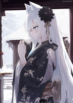 1girl absurdres animal_ears artist_name black_kimono blue_eyes closed_mouth commentary_request flower fox_ears fox_girl from_side hair_flower hair_ornament highres japanese_clothes kimono long_hair long_sleeves nekoya_(liu) obi original own_hands_together praying sash solo very_long_hair white_hair