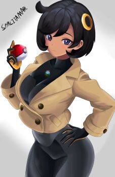 1girl black_hair blush bodysuit breasts dark-skinned_female dark_skin emma_(pokemon) gloves hand_on_own_hip large_breasts looking_at_viewer nintendo poke_ball pokemon pokemon_legends:_z-a purple_eyes shalitamary short_hair