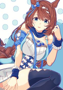 1girl animal_ears bag between_breasts blue_bag blue_dress blue_eyes blue_scarf blue_thighhighs blue_wrist_cuffs blush bow braid breasts brown_hair commentary_request dress ear_bow hair_between_eyes happy_birthday highres horse_ears horse_girl large_breasts long_hair looking_at_viewer mono9ron multicolored_hair open_mouth scarf smile solo strap_between_breasts streaked_hair super_creek_(murmuring_stream)_(umamusume) super_creek_(umamusume) teeth thighhighs umamusume very_long_hair wrist_cuffs