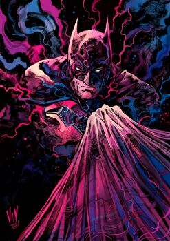 abstract_background artist_name batman batman_(series) batman_symbol black_background black_cape blue_background bodysuit bruce_wayne cape closed_mouth dc_comics grey_bodysuit highres holding male_focus mask mixed_media nib_pen_(medium) pen_(medium) signature solo superhero_costume taut_bodysuit traditional_media vinartwork western_comics_(style)