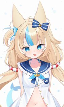 Rule 34 | 1girl, :d, absurdres, animal ear fluff, animal ears, arms behind back, blonde hair, blue bow, blue eyes, blue hair, blue sailor collar, bow, cat ears, demcheg, dress, fins, fish girl, fish tail, frilled shirt collar, frills, front slit, hair bow, highres, indie virtual youtuber, lifebuoy hair ornament, long hair, looking at viewer, low twintails, multicolored hair, navel, open mouth, sailor collar, sameko saba, shark girl, shark tail, simple background, sleeveless, sleeveless dress, smile, solo, straight-on, streaked hair, tail, twintails, upper body, very long hair, virtual youtuber, white background, white dress