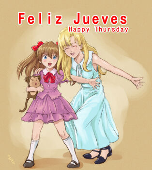 2girls age_difference aged_down alternate_universe arm_on_another&#039;s_shoulder bare_arms blonde_hair blue_eyes blue_shirt bow breasts brown_hair brown_slippers closed_eyes dress english_text feliz_jueves_(meme) frilled_shirt_collar frills full_body hair_ornament happy high_heels highres holding holding_stuffed_toy kazumina kneehighs kneeling long_hair meme monkey mother_and_daughter multiple_girls neon_genesis_evangelion open_mouth pink_dress shirt simple_background sleeveless sleeveless_shirt slippers small_breasts socks souryuu_asuka_langley souryuu_kyouko_zeppelin standing strappy_heels stuffed_animal stuffed_toy yellow_background