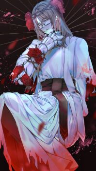 1boy arm_vines beard_stubble black_background blood blood_on_clothes brown_hair brown_sash capelet commentary_request crown_of_thorns e.g.o_(project_moon) facial_hair feet_out_of_frame flower garden_of_thorns_(e.g.o) gauntlets glasses gregor_(project_moon) hair_between_eyes hair_flower hair_ornament hand_on_own_chin head_wreath highres invisible_chair limbus_company long_sleeves looking_at_viewer male_focus medium_hair orange_eyes parted_lips potata_chips project_moon red_flower red_rose robe rose sash semi-rimless_eyewear sitting solo stole stubble sunburst thorns under-rim_eyewear waist_sash white_capelet white_robe