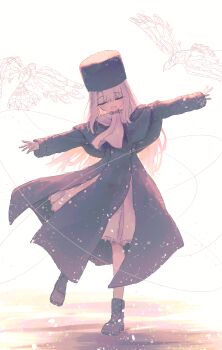 1girl absurdres boots closed_eyes coat commentary fate/stay_night fate_(series) full_body hat highres illyasviel_von_einzbern long_hair moron_(miroir1120) open_mouth outstretched_arms smile snowing solo spread_arms symbol-only_commentary white_hair winter_clothes