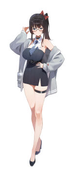1girl absurdres armpits bare_legs bare_shoulders belt black-framed_eyewear black_choker black_dress black_hair black_sandals blue_eyes bow breasts choker closed_mouth collared_shirt commentary crossed_legs dress english_commentary frown full_body glasses grey_jacket hair_bow hand_up high_heels highres jacket large_breasts long_hair long_sleeves looking_at_viewer necktie off_shoulder office_lady open_clothes open_jacket ribbed_dress sandals semi-rimless_eyewear shirayuki_hina shirt short_dress side_ponytail simple_background sleeveless sleeveless_shirt solo standing stellive strapless strapless_dress striped_clothes striped_necktie thigh_strap thighs under-rim_eyewear undershirt v-shaped_eyebrows virtual_youtuber watson_cross white_background white_shirt yoba