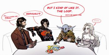 1boy 1other 2girls alan_wake alan_wake_ii android beard black_gloves black_hair black_shirt blue_skin booth_seating breasts brown_eyes brown_hair brown_necktie brown_suit card cleavage collared_shirt colored_sclera colored_skin dress elster_(signalis) english_text facial_hair formal_clothes full_beard gloves hair_over_one_eye hatchling_(outer_wilds) highres holding holding_card long_hair long_sleeves looking_at_another multiple_girls necktie off-shoulder_dress off_shoulder outer_wilds playing_card princess princess_(slay_the_princess) robot_girl scerebrite shirt short_hair signalis sitting slay_the_princess spacesuit spoilers suit table tiara tube uno_(game) yellow_sclera