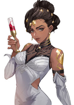 1girl absurdres alcohol alternate_skin_color arcane:_league_of_legends armor brown_hair closed_mouth clothing_cutout commentary cup dark-skinned_female dark_skin detached_sleeves dreadlocks dress drinking_glass earrings glitter glitter_makeup gold_armor gold_tattoo green_eyes hair_ornament hair_up head_tilt highres hip_vent holding holding_cup jewelry league_of_legends light_smile long_sleeves looking_at_viewer looking_to_the_side mel_(league_of_legends) pope_(user_vuza2542) red_lips shoulder_plates simple_background sleeveless sleeveless_dress solo standing upper_body white_background white_dress wine wine_glass