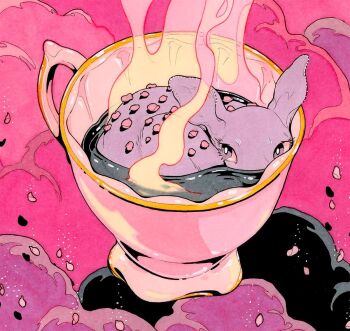 above_clouds animal_focus baby_animal black_background dark_cloud cloud colored_sclera commentary cropped cup deer falling_flower falling_petals fawn fleebites flower in_container in_cup limited_palette liquid mouth_under_water no_humans on_cloud original partially_submerged petals pink_clouds pink_flower pink_petals pink_sclera pink_theme purple_eyes purple_fur steam symbol-only_commentary tea teacup