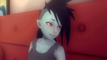 1girl 2boys 3d adventure_time age_difference animated animated_gif bare_arms bare_shoulders black_hair blinking blue_eyes colored_skin couch dog finn_the_human grey_skin hetero indoors interspecies jake jake_the_dog marceline_abadeer mike_inel mohawk multiple_boys on_couch pointy_ears red_eyes shota subtitled talking vampire