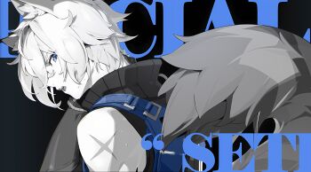 1boy absurdres animal_ear_fluff animal_ears bishounen black_background blue_background blue_eyes character_name fangs grey_hair high_collar highres leopard_ears leopard_tail looking_at_viewer looking_back male_focus mindscape_cinema_(zenless_zone_zero) official_art open_mouth profile scar scar_on_arm seth_lowell shirt short_hair simple_background sleeveless sleeveless_shirt solo sweat tail teeth text_background upper_body white_hair wolf_boy zenless_zone_zero