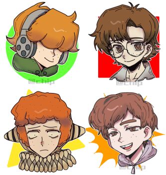 4boys absurdres aida_kensuke ben_freeling brief_(psg) brown_eyes brown_hair chinese_commentary clown commentary_request copyright_request crossover freckles glasses haunted_hotel headphones highres look-alike male_focus multiple_boys multiple_crossover neck_ruff neon_genesis_evangelion noecho orange_hair panty_&amp;_stocking_with_garterbelt portrait randal&#039;s_friends round_eyewear sebastian_de_tomato_smith_chicken_legs short_hair tooth_gap trait_connection white_background