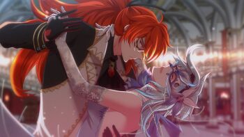 Rule 34 | 1boy, 1girl, alternate costume, black gloves, blue hair, closed eyes, commentary, dancing, diluc (genshin impact), elbow gloves, english commentary, enjelicious, eula (genshin impact), flower, genshin impact, gloves, hair flower, hair ornament, hand on another's back, hetero, highres, mask, pale skin, parted lips, pink lips, ponytail, red eyes, red hair, twitter username, white gloves