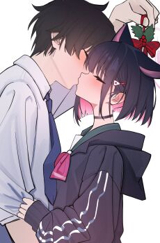 1boy 1girl absurdres animal_ear_hood animal_ears black_choker black_hair black_jacket blue_archive blue_necktie blush cat_ears cat_girl choker clothes_grab collared_shirt colored_inner_hair dress_shirt extra_ears fake_animal_ears from_side grabbing_another's_sleeve hair_ornament hairclip hetero highres holding holding_mistletoe hood hood_down hooded_jacket jacket kazusa_(blue_archive) kiss mistletoe multicolored_hair neckerchief necktie pink_hair pink_neckerchief sensei_(blue_archive) shirt short_hair silenzuka simple_background white_background white_shirt