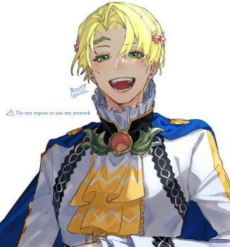 1boy 91007 alfred_(fire_emblem) ascot blonde_hair blue_cape cape circlet commentary_request fire_emblem fire_emblem_engage gem green_eyes looking_at_viewer male_focus nintendo open_mouth orange_gem prince short_hair smile solo yellow_ascot