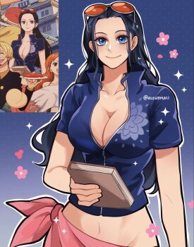1girl alynomali bag black_hair blonde_hair blue_eyes blue_jacket book commentary cropped_jacket english_commentary eyewear_on_head flower gradient_background highres holding holding_book jacket long_hair midriff nami_(one_piece) navel nico_robin one_piece orange-tinted_eyewear orange_hair pink_flower pink_sarong sanji_(one_piece) sarong satchel sidelocks smile sparkle tinted_eyewear twitter_username usopp zipper
