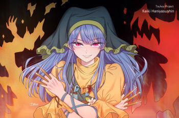 1girl blue_hair character_name commentary copyright_name dress english_commentary fire flower green_headscarf grin haniyasushin_keiki headscarf highres holding_tool jewelry jyan_(jyan0209) long_hair looking_at_viewer magatama magatama_necklace necklace pink_eyes revision short_sleeves smile solo tools touhou yellow_dress