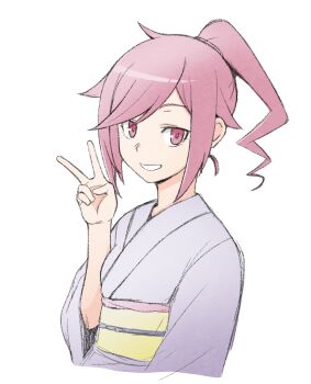 1girl ayu_(ddestiny944) commentary digimon digimon_world_re:digitize high_ponytail highres japanese_clothes kimono pink_eyes pink_hair ponytail purple_kimono rindou_akiho simple_background solo upper_body v white_background