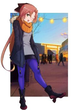 1girl absurdres akigumo_(kancolle) akigumo_kai_ni_(kancolle) alternate_costume black_boots black_coat blue_leggings boots brown_hair coat dova dress full_body green_eyes grey_dress grey_sweater hair_ribbon hand_in_pocket highres kantai_collection lace-up_boots lantern leggings long_hair mole mole_under_eye one_eye_closed orange_scarf outdoors photo_background ponytail ribbon scarf solo sunset sweater sweater_dress torii