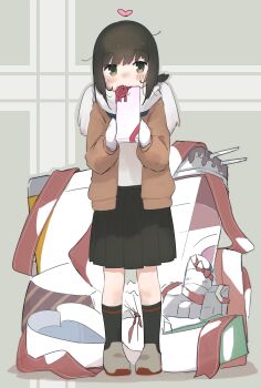Rule 34 | 1girl, absurdres, black hair, black skirt, black socks, blush, box, brown cardigan, cardigan, commentary request, fubuki (kancolle), full body, gift, gift box, green eyes, heart, heart-shaped box, highres, holding, holding gift, kantai collection, kneehighs, long sleeves, ma rukan, open cardigan, open clothes, pleated skirt, ponytail, rudder footwear, school uniform, serafuku, short hair, short ponytail, signature, skirt, socks, solo, standing, valentine