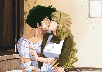 1boy 1girl absurdres bandages blonde_hair blue_eyes brown_eyes couple cowboy_bebop curls green_hair hetero highres hug julia_(cowboy_bebop) kiss nekro-comix on_bed spike_spiegel sweater turtleneck turtleneck_sweater