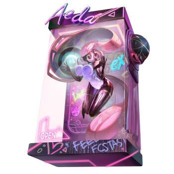 1girl aeda_type-g against_glass breast_press breasts breasts_on_glass character_name colored_skin english_text faceless faceless_female female_focus floating full_body game_cg hand_on_glass highres humanoid_robot knees_together_feet_apart large_breasts last_origin long_hair multicolored_skin nipples official_alternate_costume official_art pink_hair ren._(ren.ko) robot robot_girl see-through_body shiny_skin toy_packaging transparent_background trapped