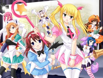 6+girls animal_ears blonde_hair blue_dress brown_hair cat_ears collar dress fujimiya_rin fujimiya_tomoya game_cg genderswap genderswap_(mtf) glasses hand_on_own_hip holding holding_polearm holding_staff holding_sword holding_weapon kirishima_isami multiple_girls mutsumi_masato nanatsuki_ayane natsume_akina open_mouth ouka_toki pink_dress polearm senagawa_satsuki staff stage stage_lights sword weapon yokubari_saboten