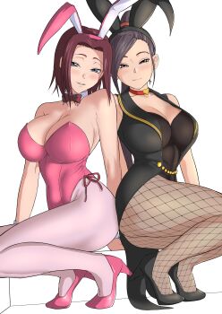 2girls absurdres animal_costume animal_ears ass ass-to-ass black_footwear blue_eyes bow bowtie breasts choker cleavage code_geass crossover detached_collar dragon_quest dragon_quest_xi fake_animal_ears female_focus fishnet_pantyhose fishnets high_heels highleg highleg_leotard highres iwao178 kouzuki_kallen leotard looking_at_viewer martina_(dq11) multiple_girls pantyhose pink_footwear pink_leotard playboy_bunny ponytail purple_eyes purple_hair rabbit_ears red_hair squatting thighs voice_actor_connection white_background