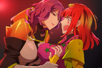 2girls commentary_request earrings gina_(gnosia) gloves gnosia hair_between_eyes half_up_bun heart heart_earrings heart_tattoo high_ponytail jewelry lips long_hair long_sleeves multiple_girls nail_polish ponytail red_eyes red_hair short_hair simple_background sq_(gnosia) tattoo turtleneck umi_soruto upper_body