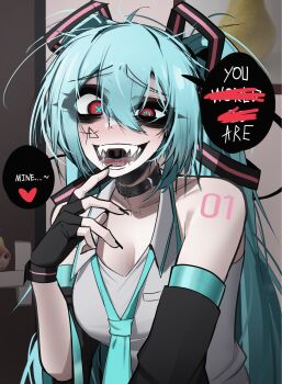 Rule 34 | 1girl, ace glitch, bare shoulders, belt collar, black collar, black gloves, blue eyes, blue hair, blue pupils, blush, breasts, cleavage, collar, commentary, detached sleeves, double-parted bangs, english commentary, fingerless gloves, gloves, hair between eyes, hand up, hatsune miku, heart, highres, large breasts, long hair, looking at viewer, mismatched pupils, number tattoo, open mouth, pearto, power symbol-shaped pupils, raised inner eyebrows, red eyes, saliva, sharp teeth, shirt, shoulder tattoo, sleeveless, sleeveless shirt, smile, solo, spoken heart, symbol-shaped pupils, tattoo, teeth, twintails, upper body, vocaloid, white shirt, x-shaped pupils, yandere