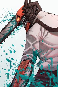 1other chainsaw chainsaw_devil chainsaw_man glowing glowing_eyes highres sharp_teeth shirt simple_background solo teeth user_drsv5878 white_background white_shirt