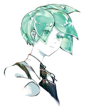 1other androgynous aqua_eyes aqua_hair black_necktie closed_mouth collared_shirt colored_eyelashes colored_skin commentary_request cropped_shoulders crystal_hair expressionless eyes_visible_through_hair gem_uniform_(houseki_no_kuni) hair_over_one_eye highres houseki_no_kuni looking_ahead necktie other_focus phosphophyllite portrait shiorondo shirt short_hair simple_background solo suspenders translucent_hair white_background white_shirt white_skin