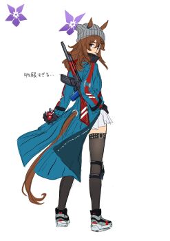 Rule 34 | 1girl, absurdres, animal ears, beanie, black gloves, black thighhighs, blue archive, blue coat, brown eyes, brown hair, closed mouth, coat, explosive, full body, gloves, grenade, halo, hat, highres, holding, holding grenade, horse ears, horse girl, horse tail, kalashnikov rifle, ketsuge, knee pads, long sleeves, looking at viewer, looking back, nakayama festa (shichuukyuukatsu) (umamusume), nakayama festa (umamusume), simple background, single knee pad, sketch, solo, tail, thighhighs, umamusume, white background