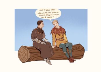 Rule 34 | 2boys, armored gloves, belt, blonde hair, blue background, blue pants, blush, border, brown belt, brown coat, brown hair, brown shoes, cape, closed mouth, coat, commentary, english commentary, english text, full body, gradient background, hans capon, henry of skalitz, jacket, kingdom come: deliverance ii, log, looking at another, male focus, multiple boys, nose, open mouth, pants, profile, red cape, sabaton, shoes, short hair, sitting, speech bubble, tworain w, white border, yellow jacket