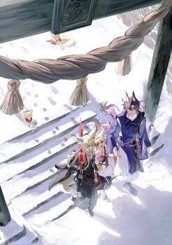 Rule 34 | 1boy, 2girls, absurdres, animal ears, arknights, black coat, black jacket, black shoes, black skirt, blonde hair, closed mouth, closed umbrella, coat, coin purse, commentary, english commentary, family, father and daughter, footprints, fox, fox boy, fox ears, fox girl, fox tail, furiwo, green eyes, highres, holding, holding hands, holding umbrella, husband and wife, jacket, japanese clothes, kimono, kitsune, long sleeves, mother and daughter, multiple girls, multiple tails, official alternate costume, open mouth, outdoors, pink kimono, purple hair, red eyes, red umbrella, shoes, short hair, skirt, snow, suzuran's father (arknights), suzuran (arknights), suzuran (yukibare) (arknights), tail, teeth, torii, umbrella, upper teeth only, vulpisfoglia (arknights), winter, yagasuri